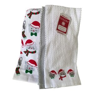 NWT Casaba Gray Christmas Cats in Stocking Hats 3 piece Xmas Kitchen Towel Set